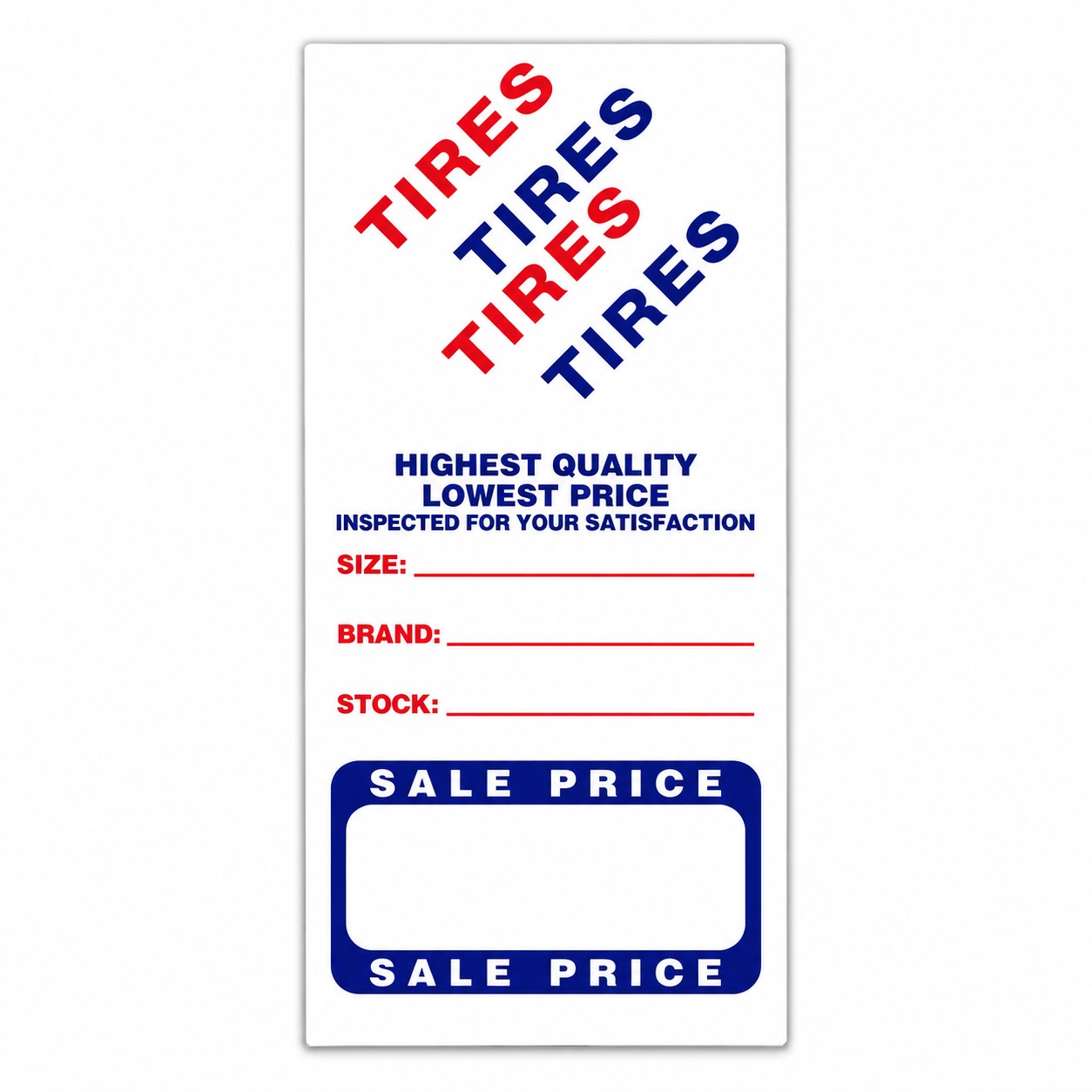 Red and blue tire advertising label with size, brand and stock fields above a large blank sale price box