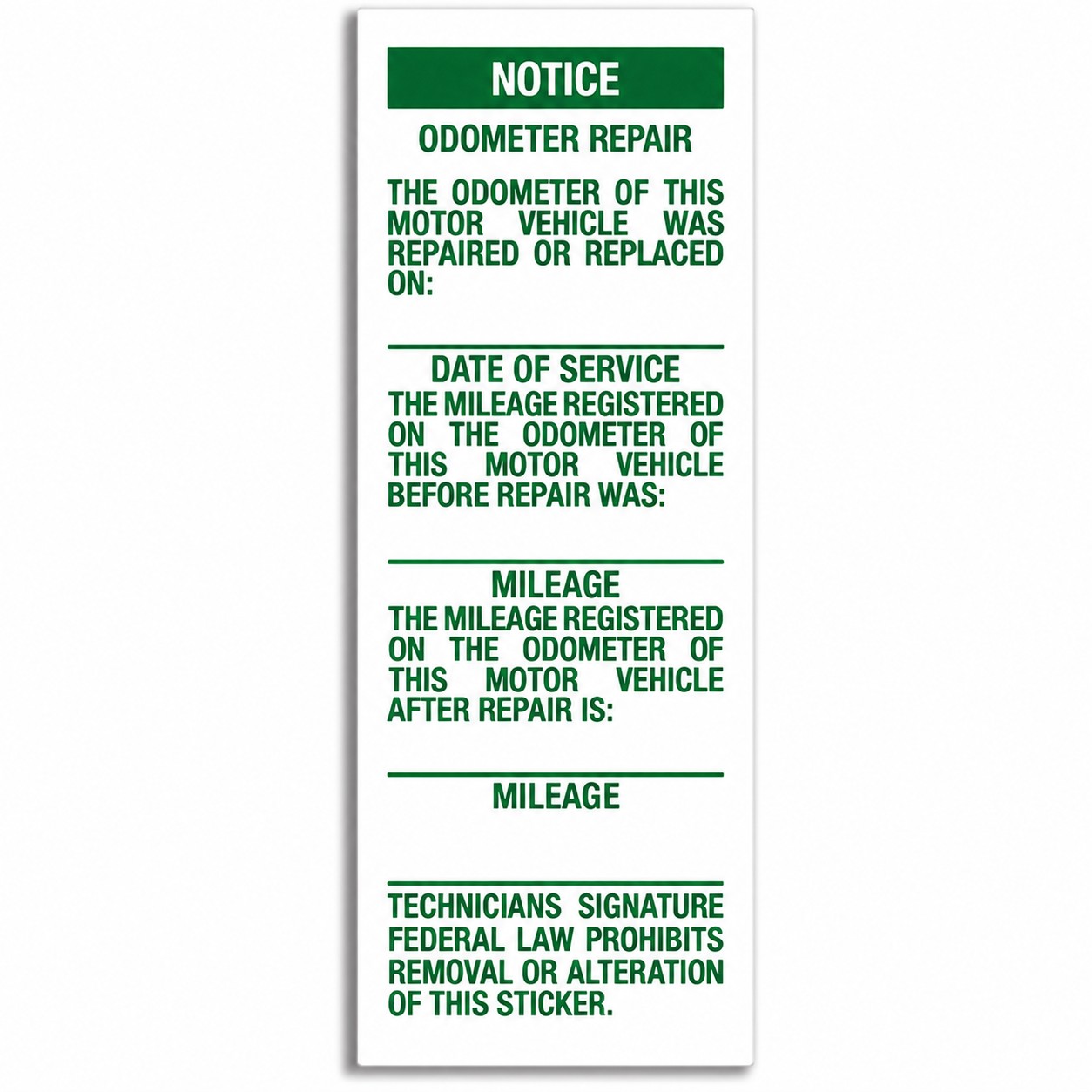 White ORL odometer repair label with green print and blank fields for service date, mileage and technician signature
