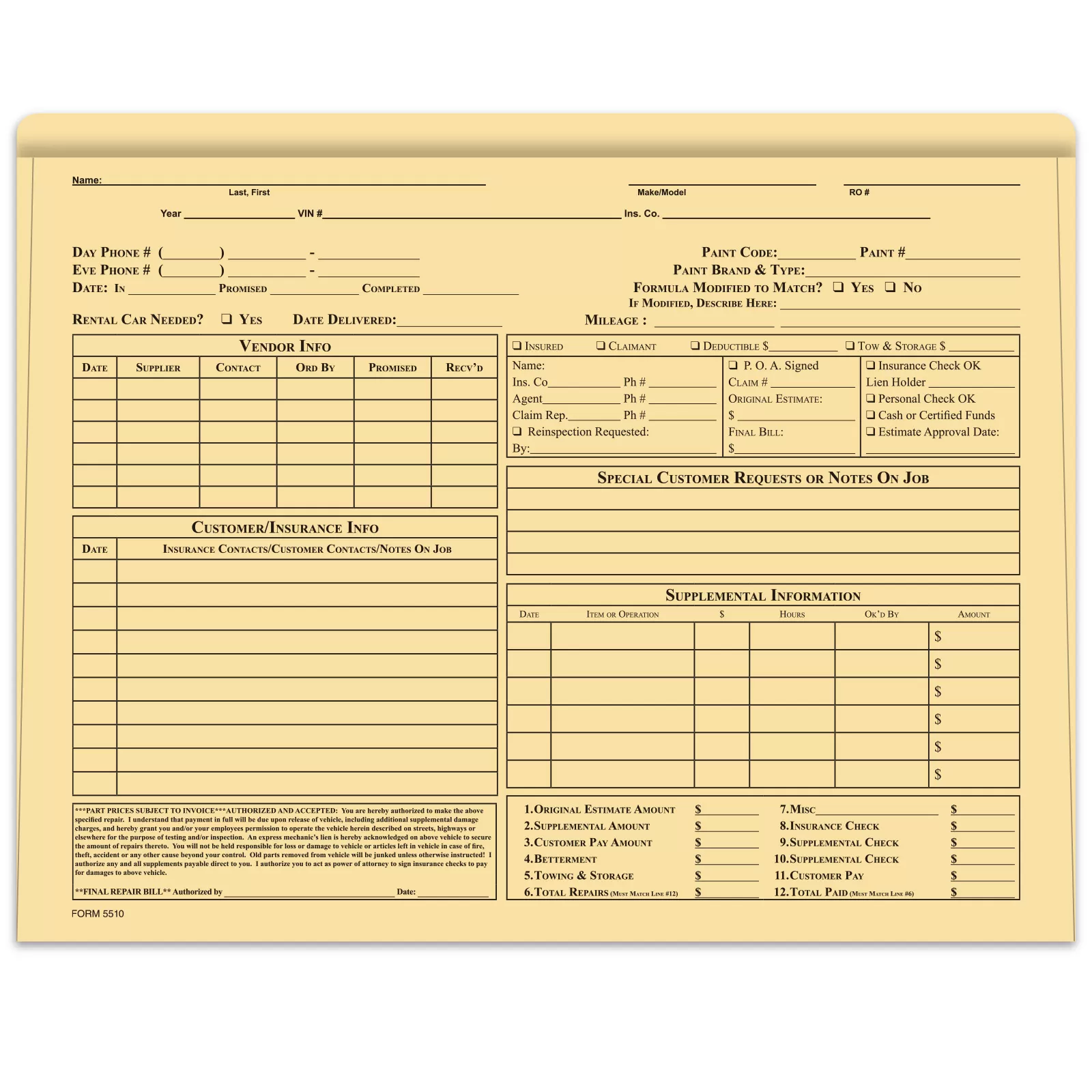 Buff body shop repair order jacket with black printed form fields
