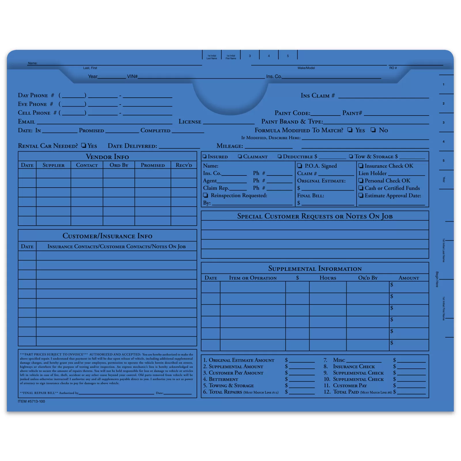 Preprinted heavy-duty body shop jacket with black recordkeeping fields