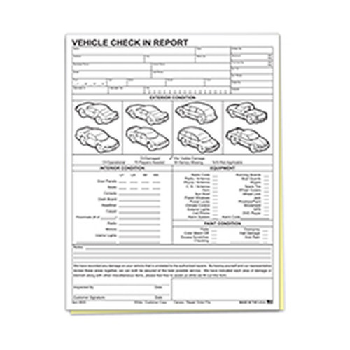 Vehicle Check-In Report #605 with vehicle diagrams and condition checklist