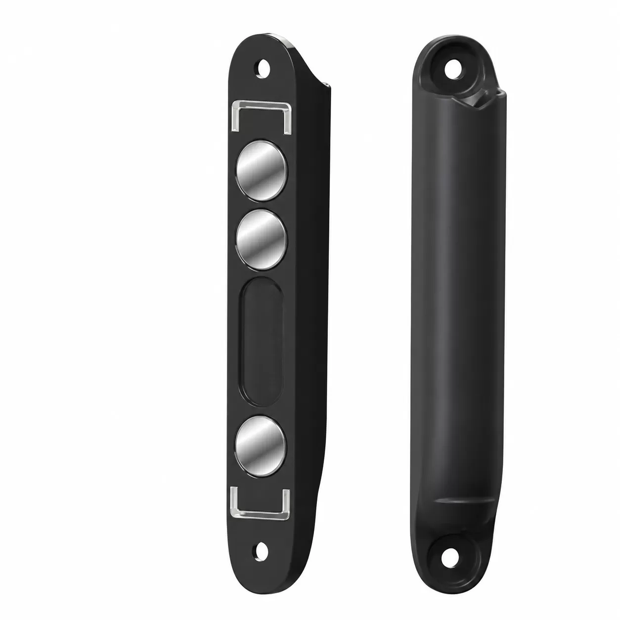 Front and rear views of a black PermaShine bracket with three circular magnets
