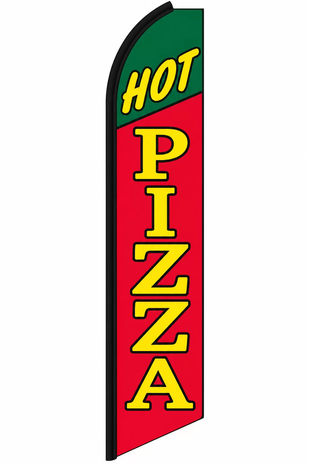 Hot Pizza feather flag with yellow lettering, red body and green top