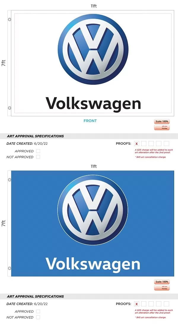 Custom VW Single-sided 7ft x 11ft Drape Flag with Grommets