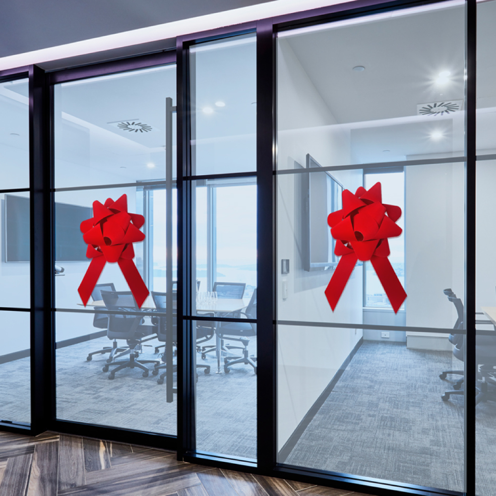 Red velvet showroom bow with a locking suction cup, 18 inches wide by 34 inches long