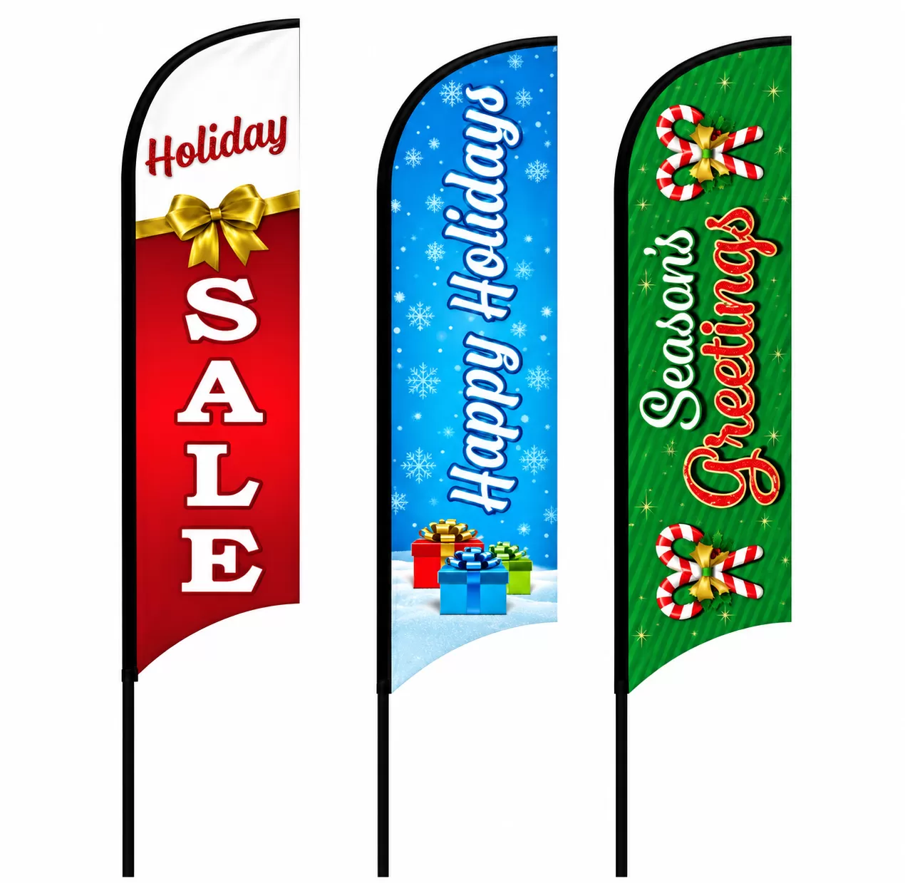 Holiday Sale, Happy Holidays and Seasons Greetings feather flag kit designs