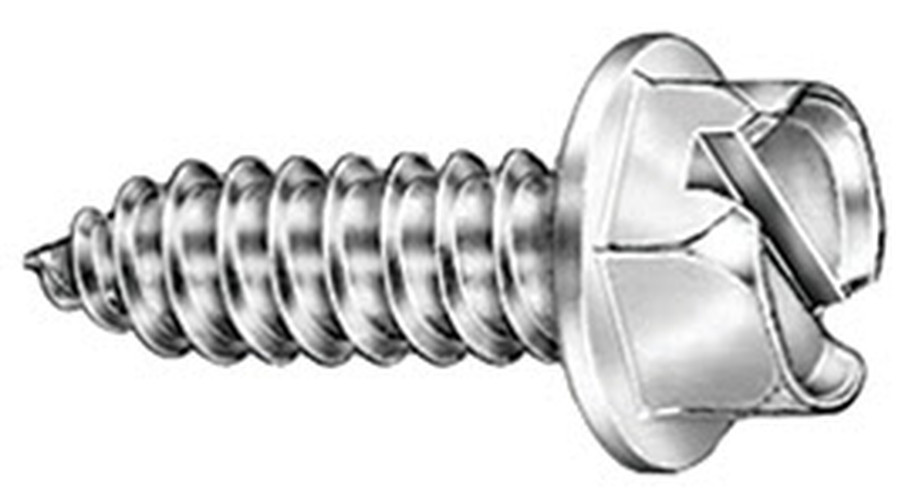 Zinc-coated American license plate screw with slotted hex head and pointed tip