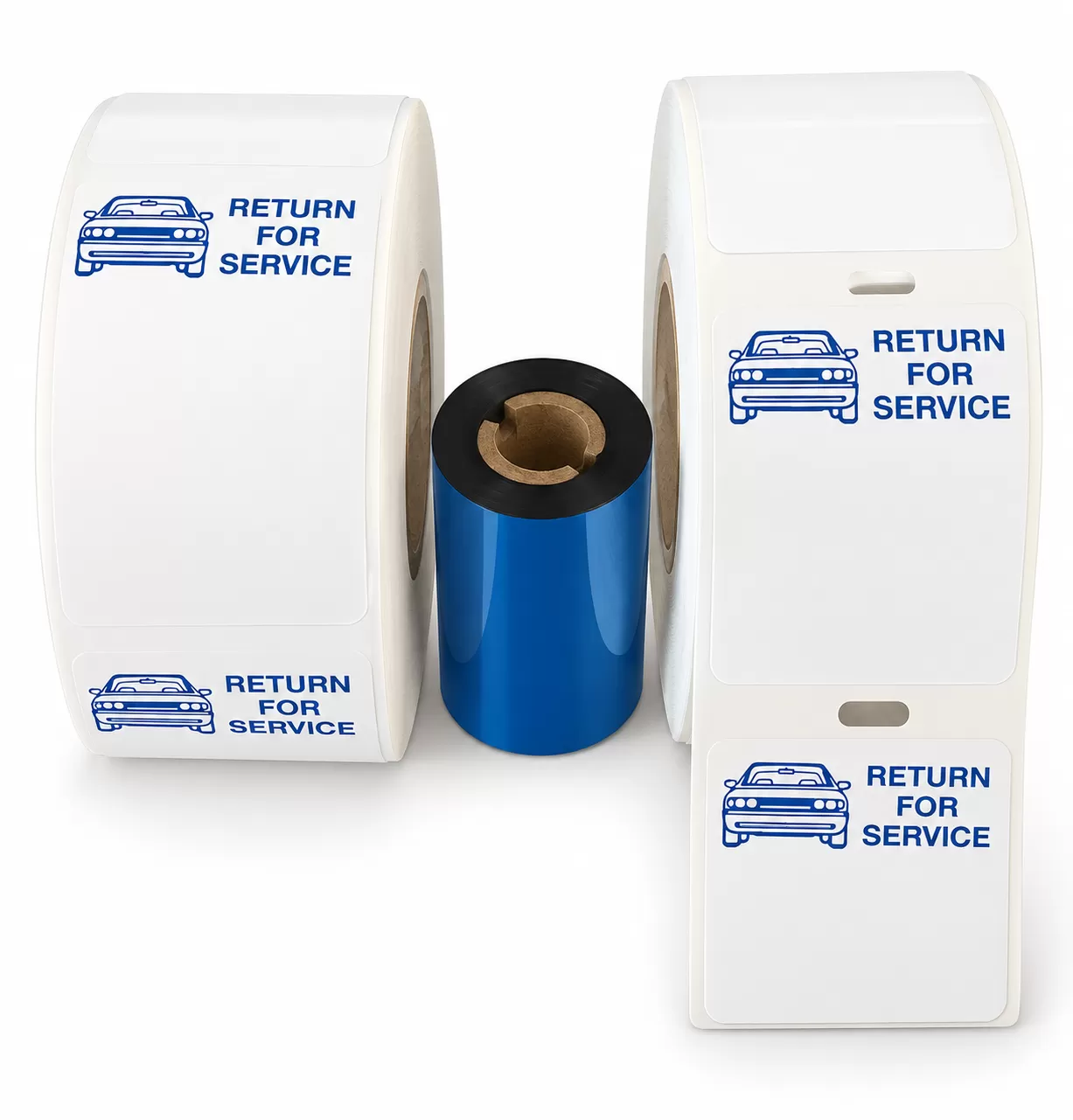 Two rolls of blue car Return For Service labels and one printer ribbon