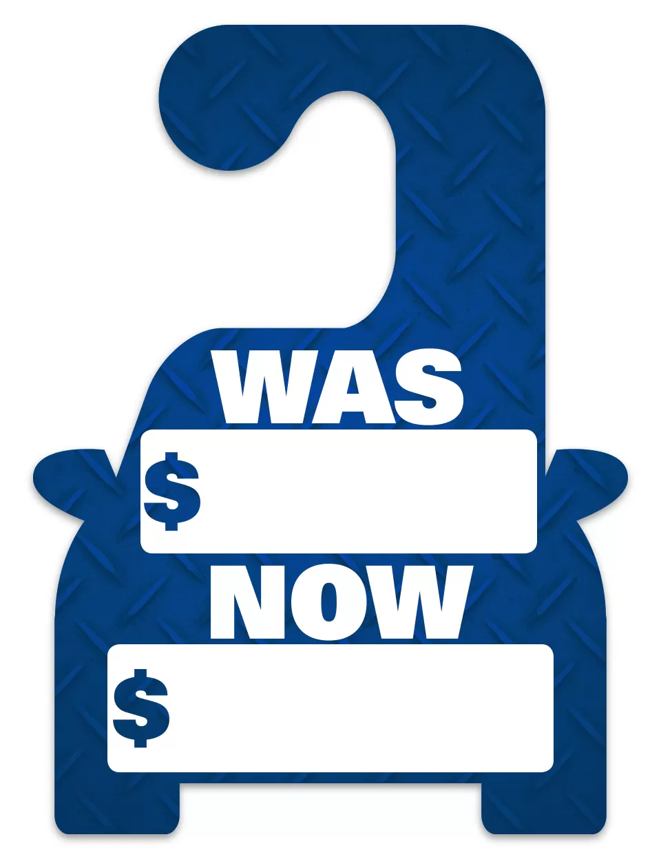 Blue car-shaped mirror hang tag with white WAS and NOW headings and price boxes
