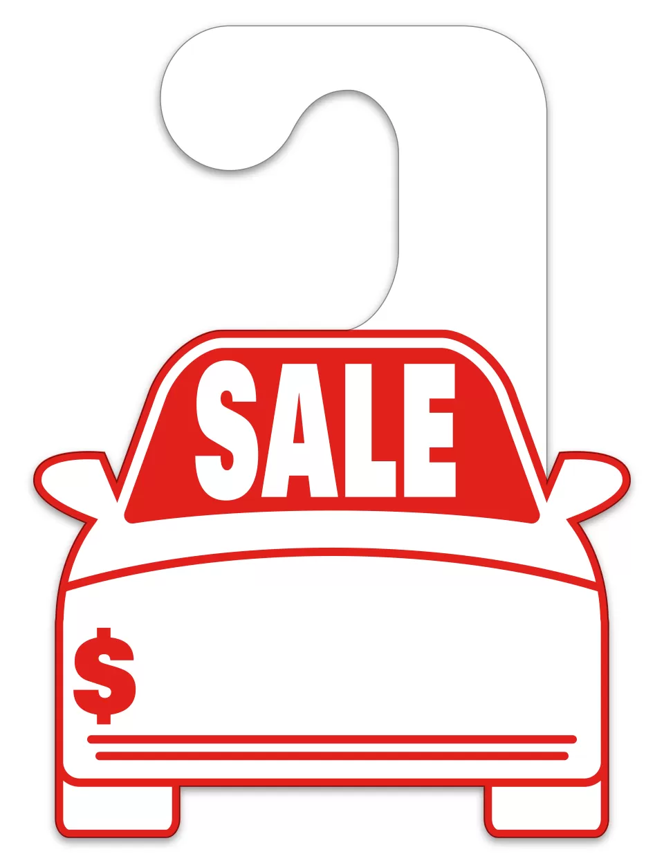 White car-shaped mirror hang tag with red SALE lettering and a dollar price space