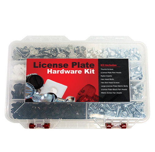EZ458 license plate hardware assortment in a divided plastic storage case