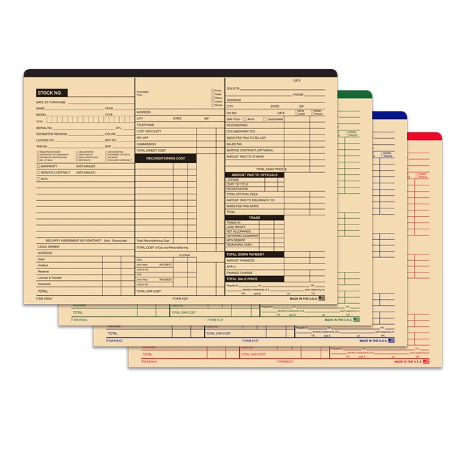 Buff 3-in-1 vehicle deal jacket with three printed recordkeeping columns