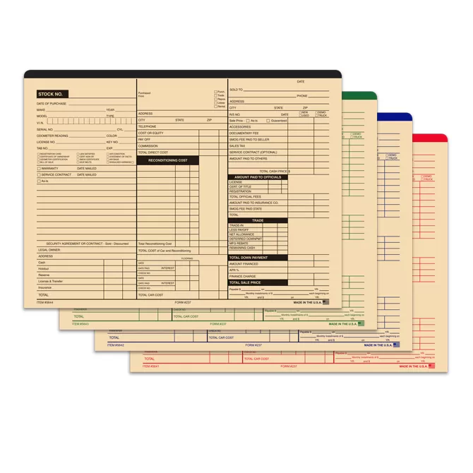 Buff 3-in-1 vehicle deal jacket with three printed recordkeeping columns