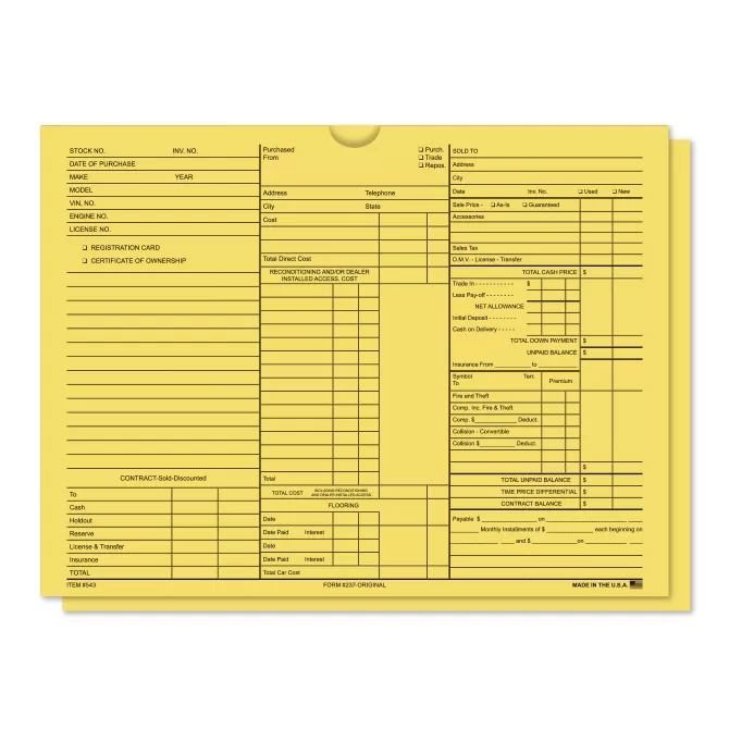 Buff 3-in-1 vehicle deal jacket with three printed recordkeeping columns