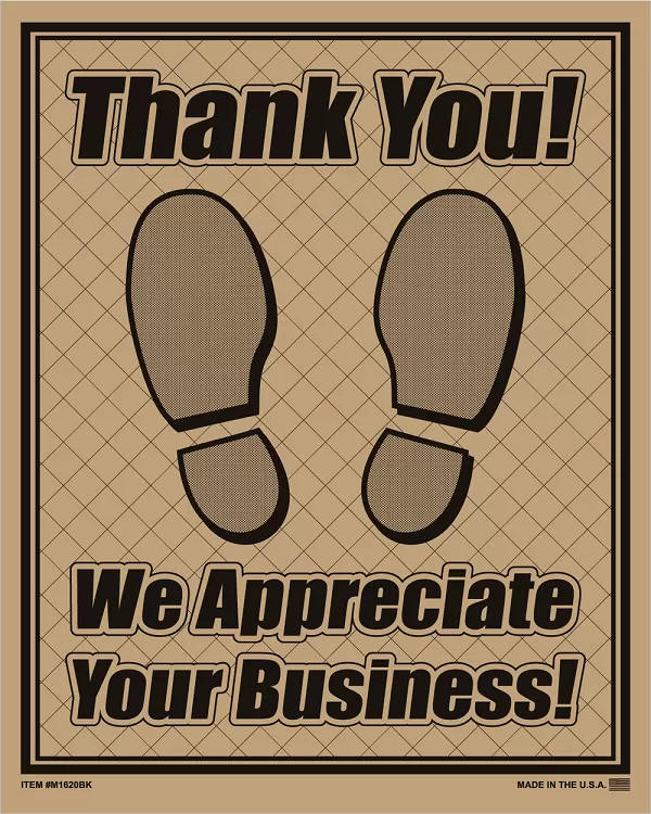 Brown kraft paper floor mat with black footprints and a thank-you message