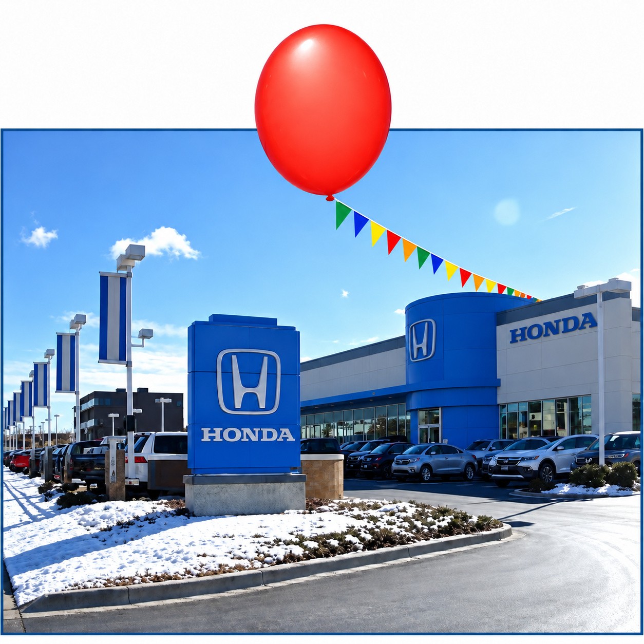 Giant 5-foot balloon and pennant string displayed above a dealership