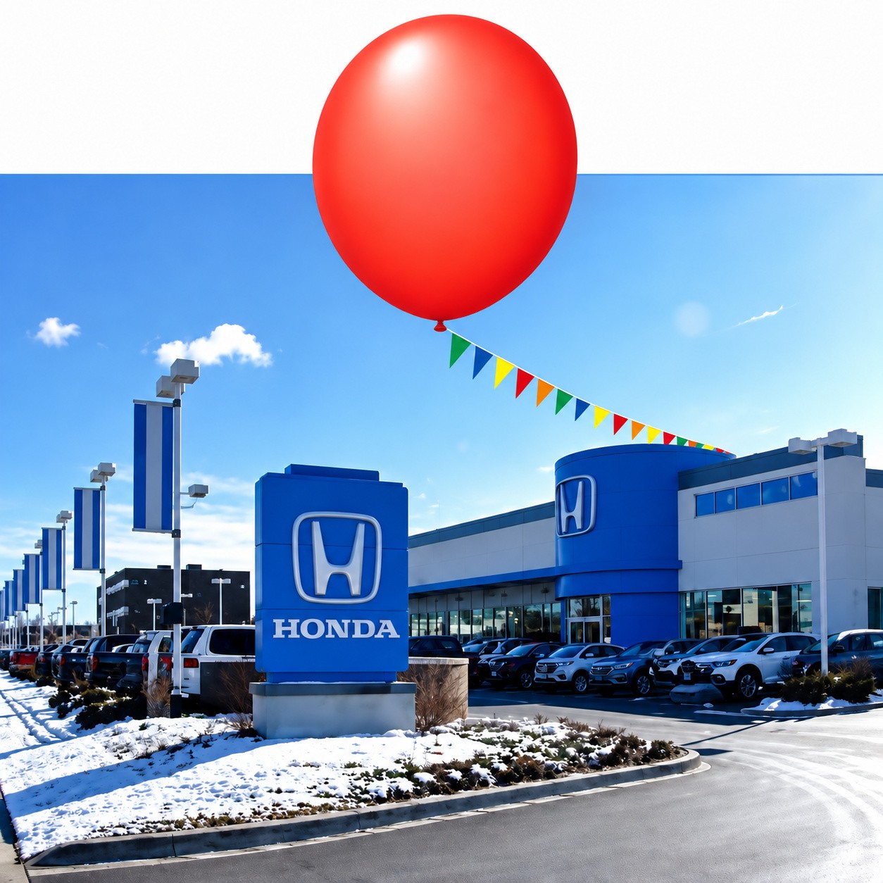 Giant 6-foot balloon and pennant string displayed above a dealership