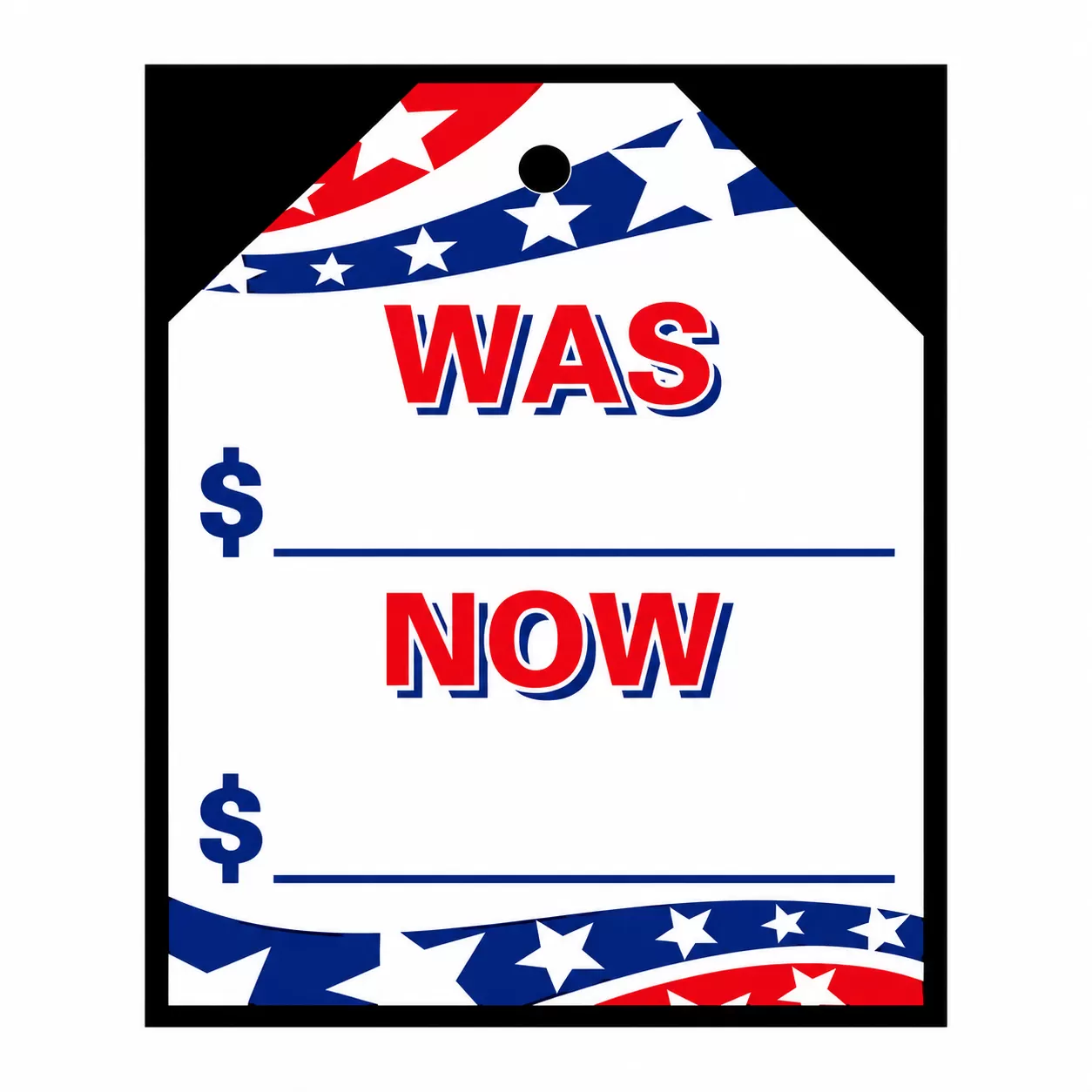 Patriotic Was Now stick-on decal tag with red and blue stars, dollar signs and price lines