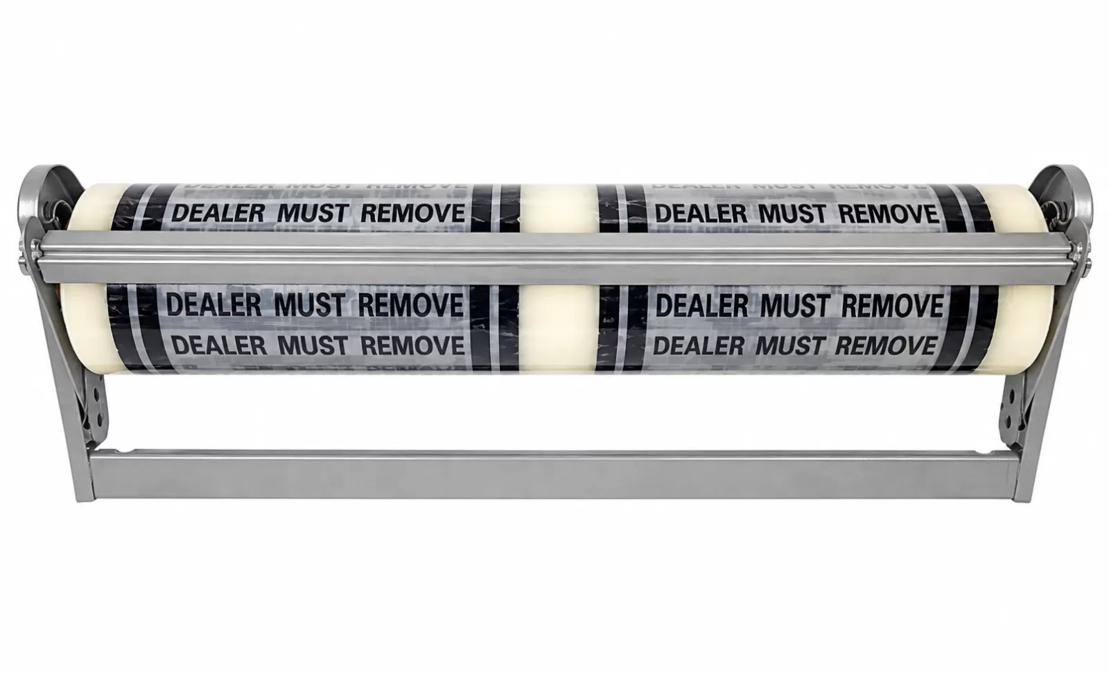 Gray metal dispenser rack holding a roll of printed adhesive floor mats