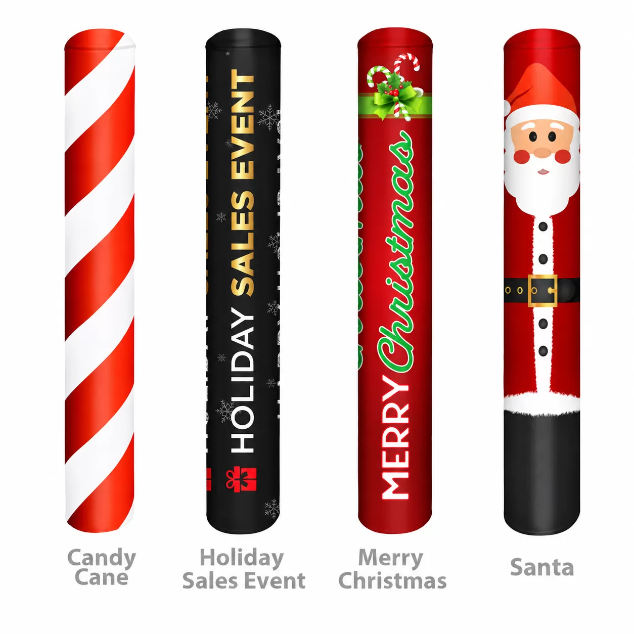Holiday bollard covers in candy cane, sales event, Merry Christmas and Santa designs
