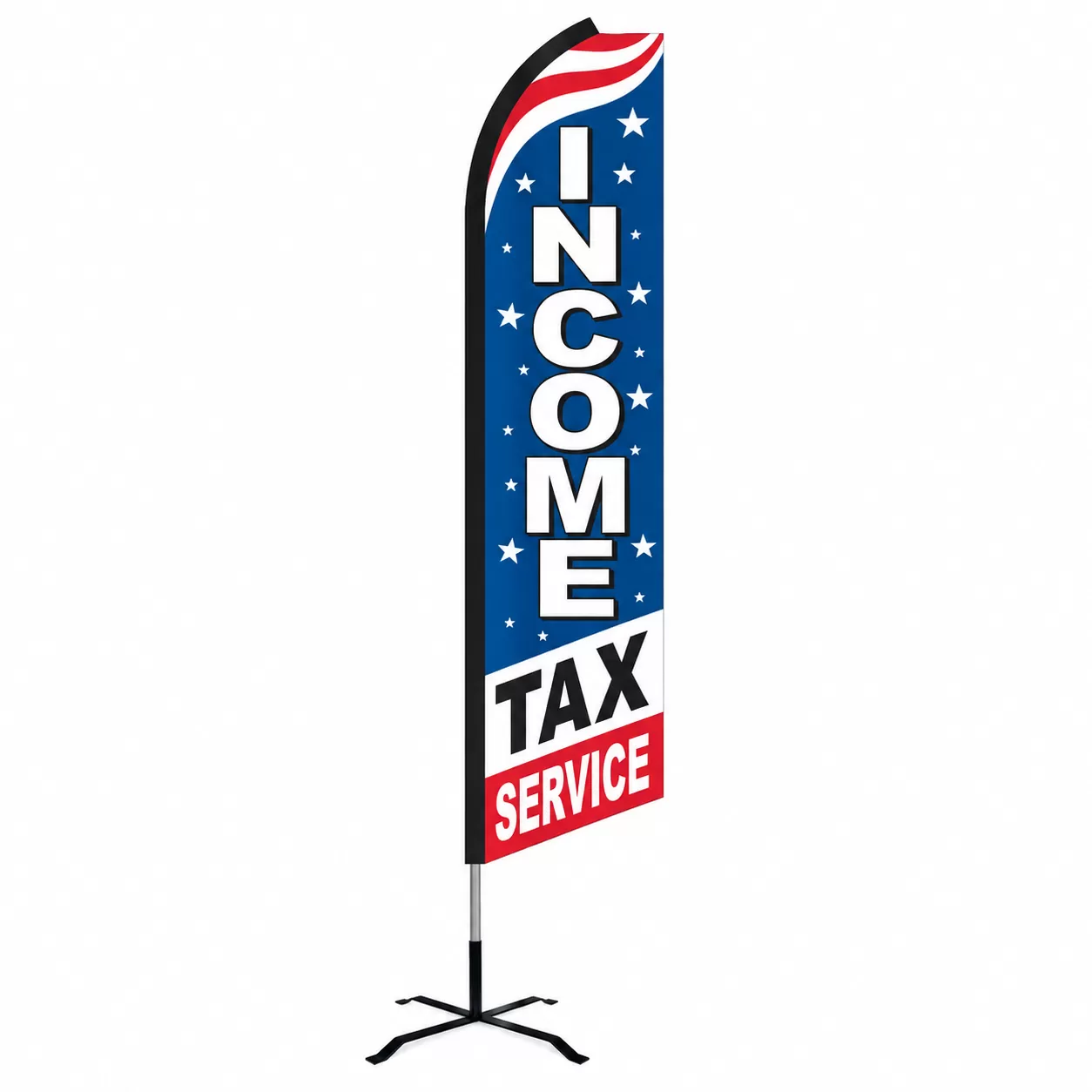 Red, white and blue Income Tax Service swooper feather flag shown on a display pole