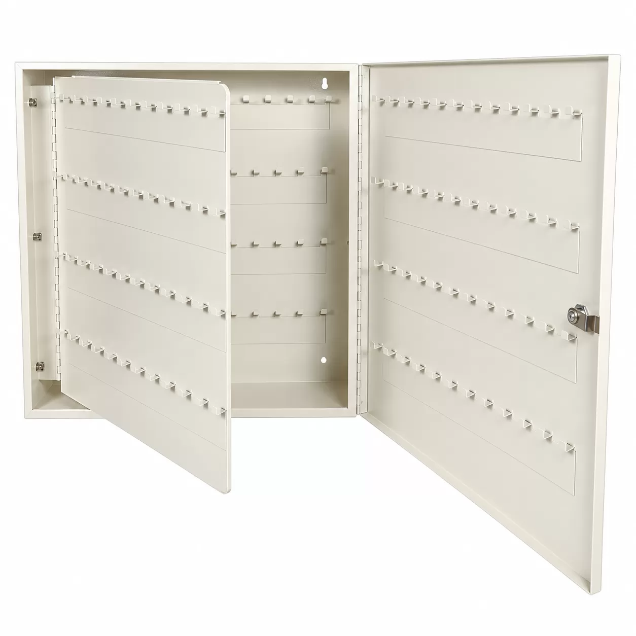 Open beige locking key cabinet with a hinged center expansion panel and rows of key hooks