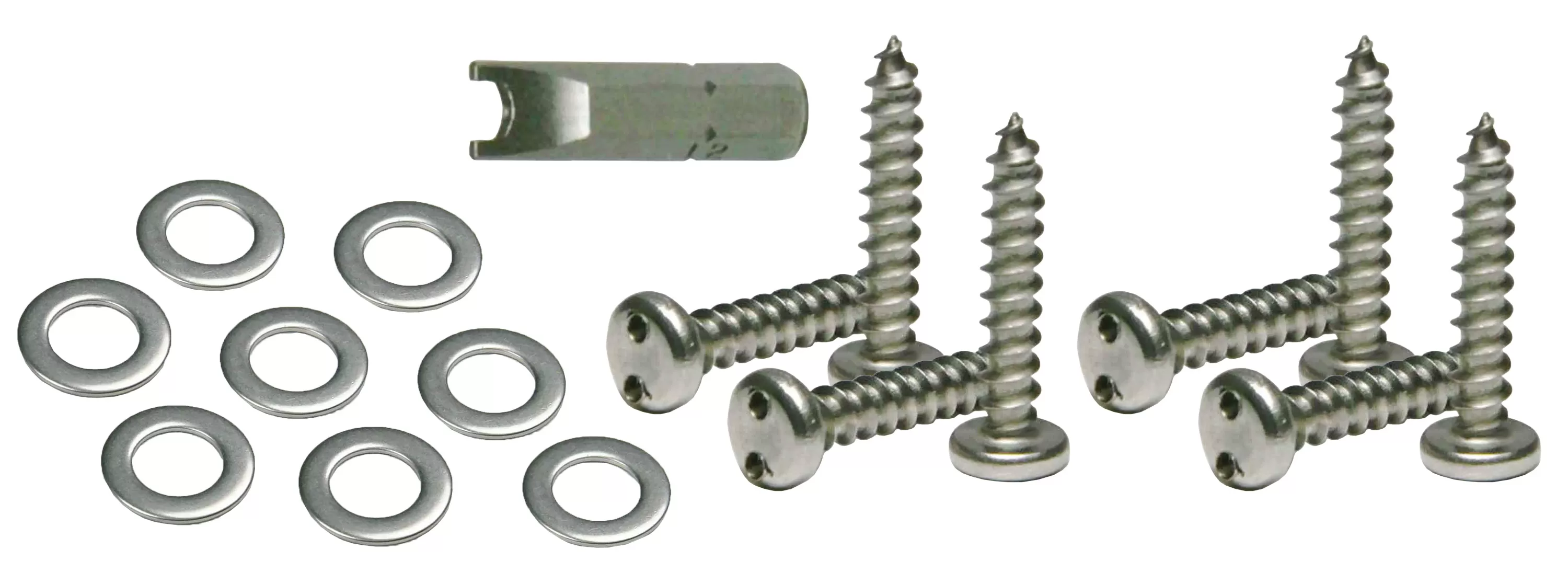 License plate mounting kit with eight screws, eight washers and one spanner bit