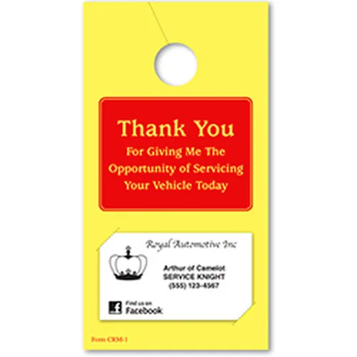 Yellow Thank You rearview mirror hang tag with red print and business card holder