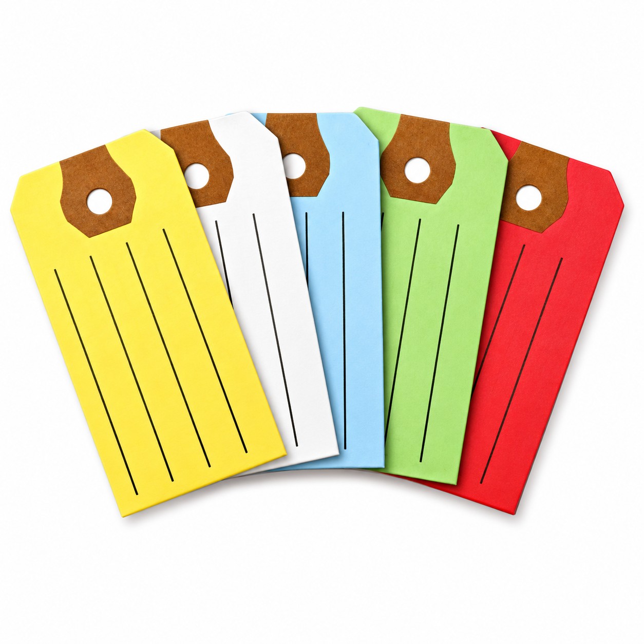 Five multipurpose tags in yellow, white, blue, green and red with reinforced holes and four writing lines