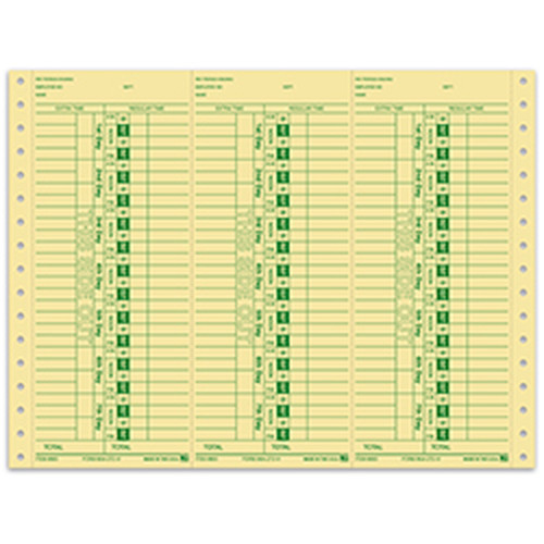 AA-292-VI continuous time clock sheet with three buff cards and green printing