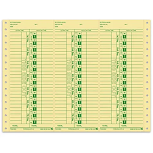 AA-292-VI continuous time clock sheet with three buff cards and green printing