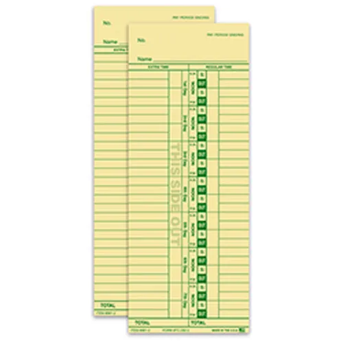 Two-sided TC-292 manila time clock cards showing green printed layouts