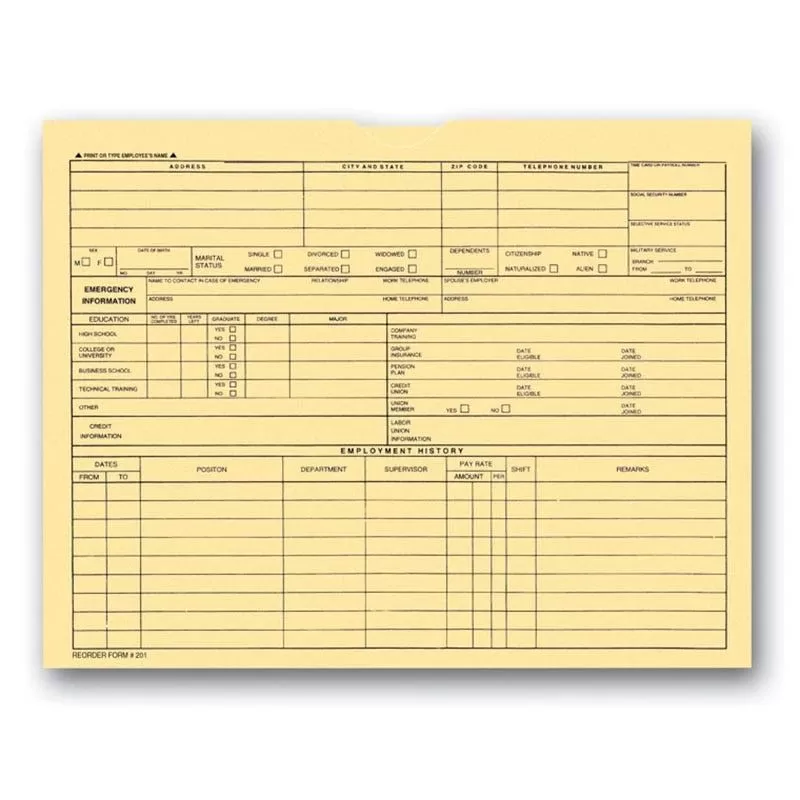 Buff employee file jacket Form 201 with printed employee information sections