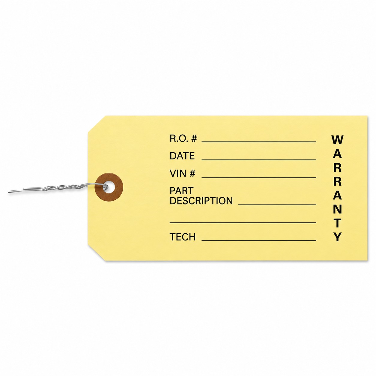 Manila warranty parts tag with printed repair order, date, VIN, part description and technician fields