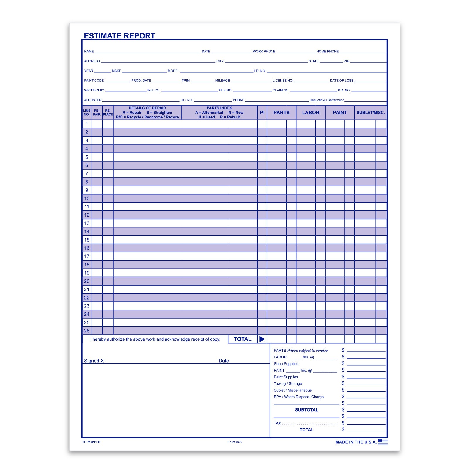 Body shop repair estimate form #9100 printed in blue ink on white paper