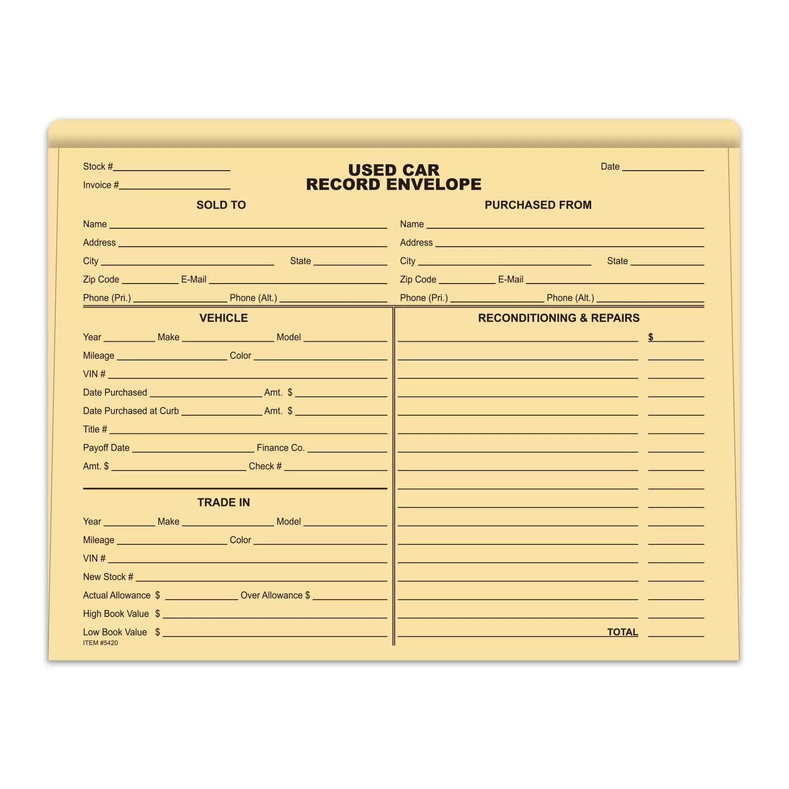 Buff used car record envelope with black printed recordkeeping fields