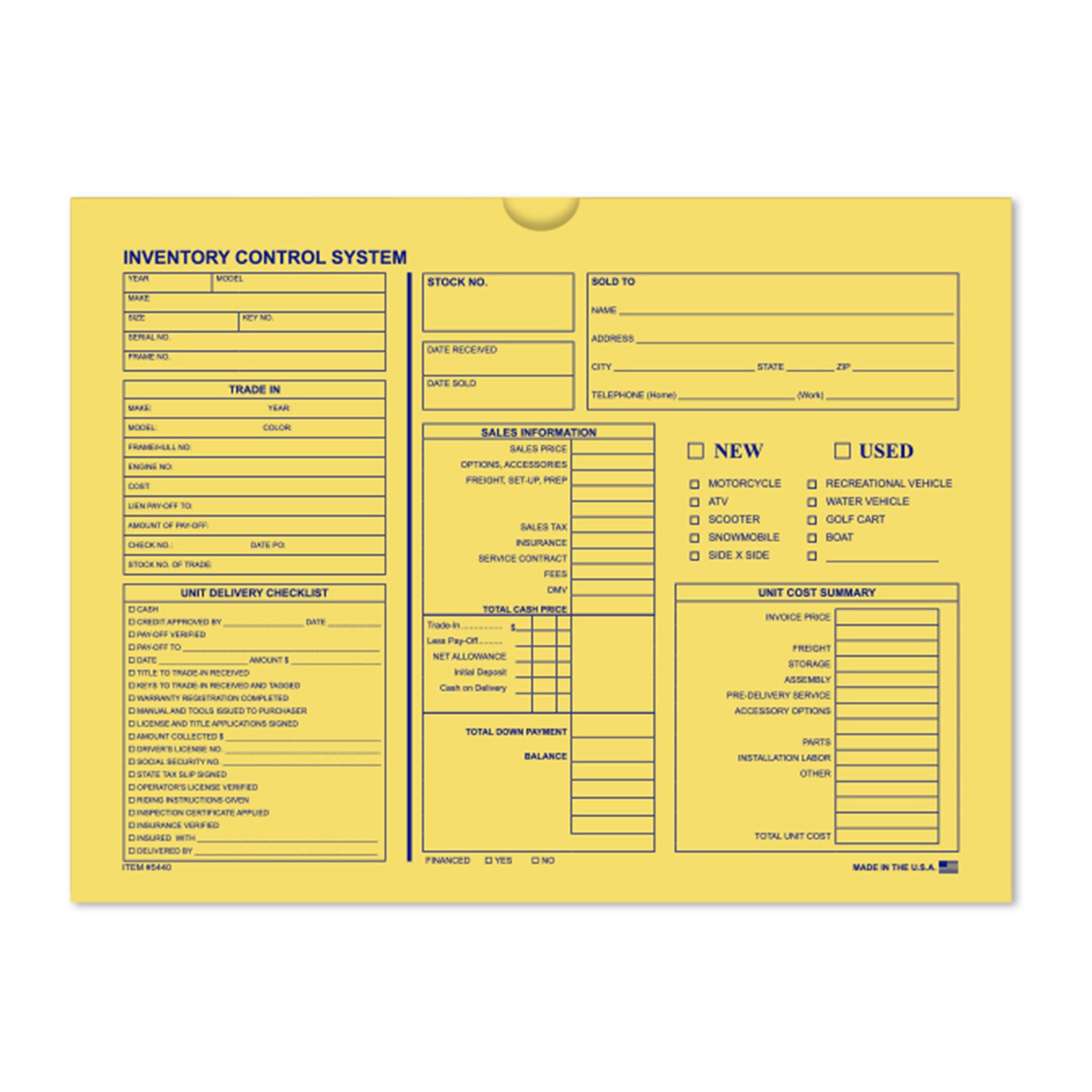 Buff inventory control deal jacket with blue printed recordkeeping fields