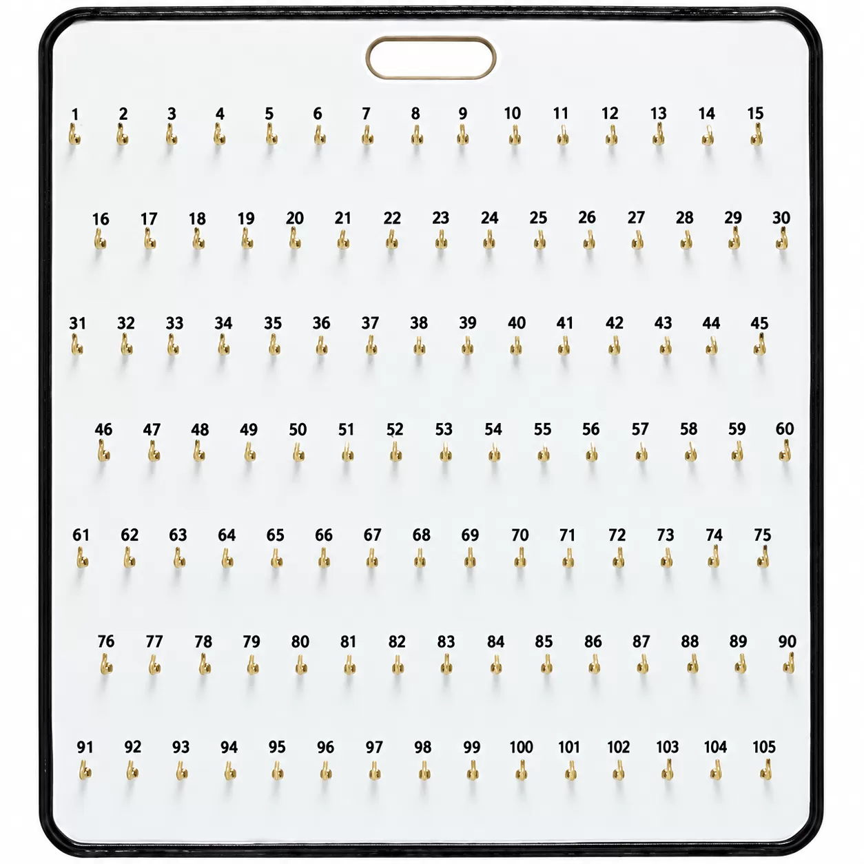 White 105-hook masonite key board with numbered hooks, black edge trim and a carrying handhold