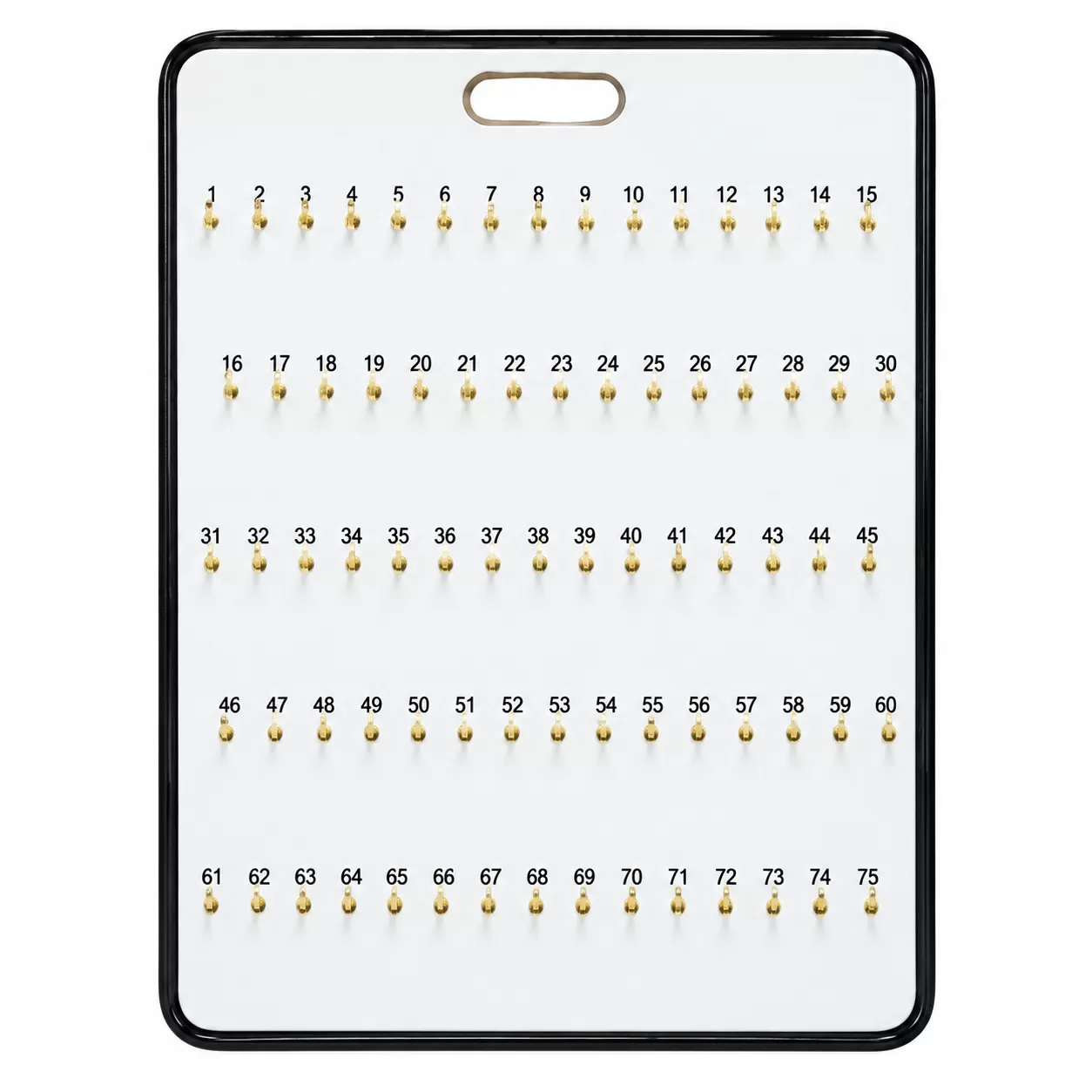 White 75-hook portable key board with numbered hooks, black rounded trim and an oval hand grip