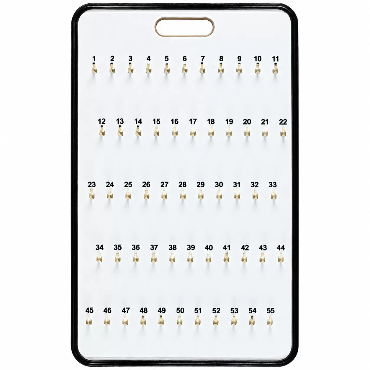 White 55-hook portable key board with numbered rows, black edge trim and an oval carrying handle