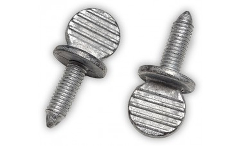 Two metal metric license plate thumb screws with flat ridged thumb heads