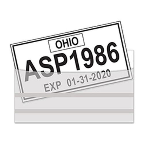 Clear temporary license plate tag bag with adhesive strips and a sample Ohio tag