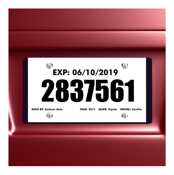 Printed temporary tag mounted on a red vehicle; TRT51 5 mil tags are supplied blank