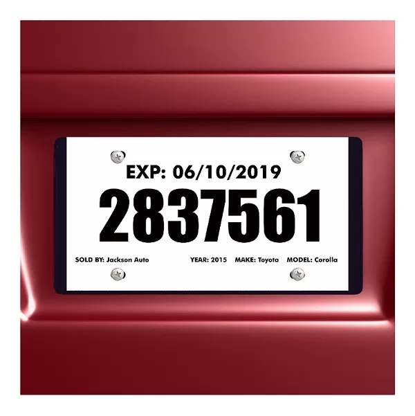 Printed temporary tag mounted on a red vehicle; TRT51 5 mil tags are supplied blank