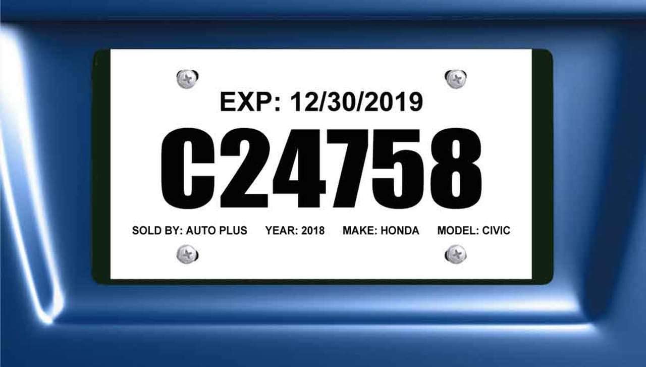 Printed temporary tag mounted on a blue vehicle; TRT82 8 mil tags are supplied blank