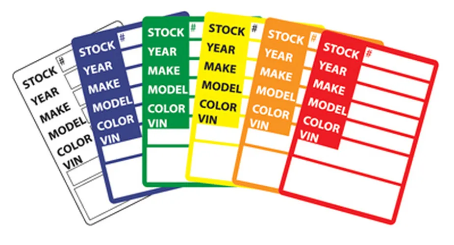 Kleer-Bak stock stickers in assorted colors with stock number, year, make, model, color and VIN fields