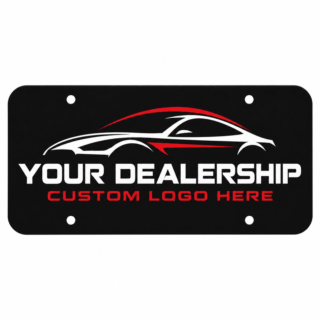 Black custom dealer license plate insert with red and white sample printing and four round mounting holes