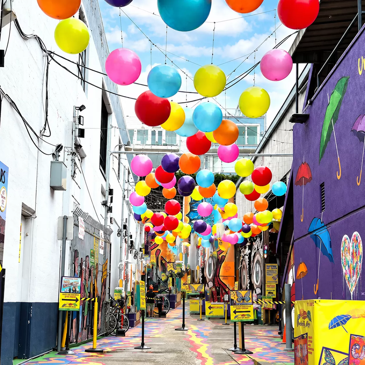 Colorful hanging balloons suspended above an outdoor pedestrian alley