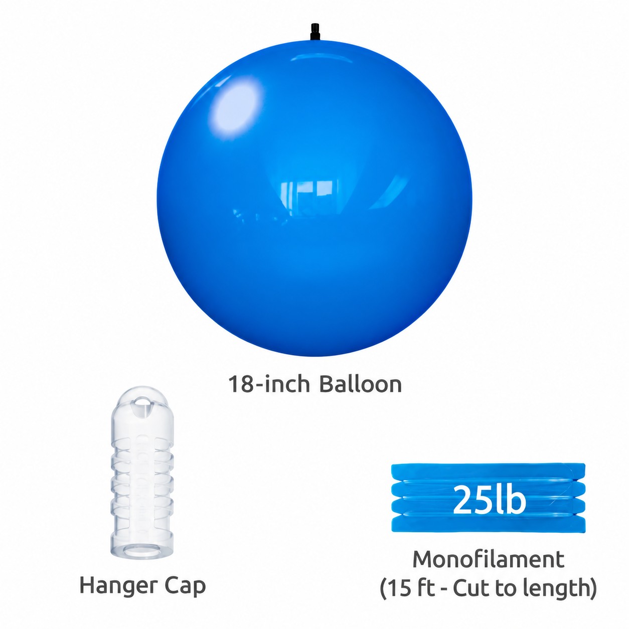 Hanging balloon components: blue 18-inch balloon, clear hanger cap and 15-foot monofilament line