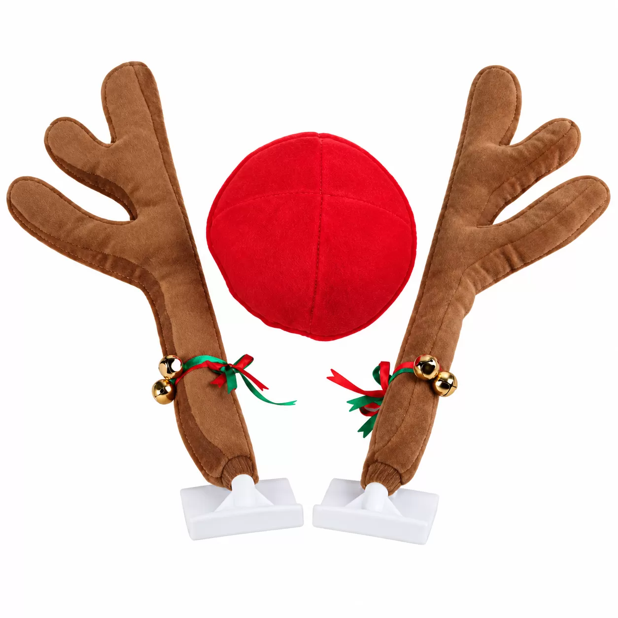 Two brown reindeer antlers with window clips and a round red fabric nose